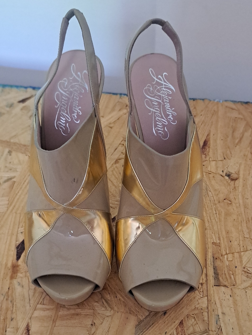 Alejandro Ingelmo Taupe Patent Peep-Toe Slingbacks  with Gold Accents
